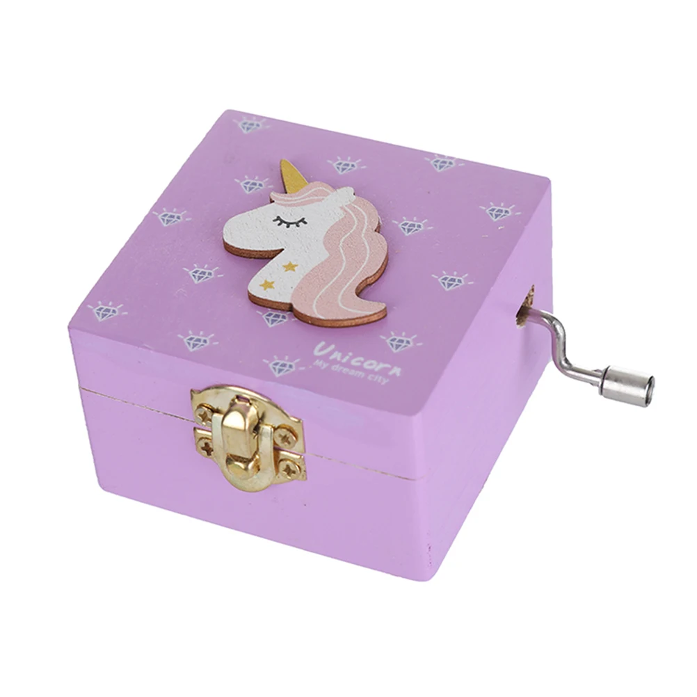 Wooden Music Box Hand-cranked Unicorn Pattern Miniature Wind Up Handmade Mechanical Rotation Box for Birthday Valentine's Gift C