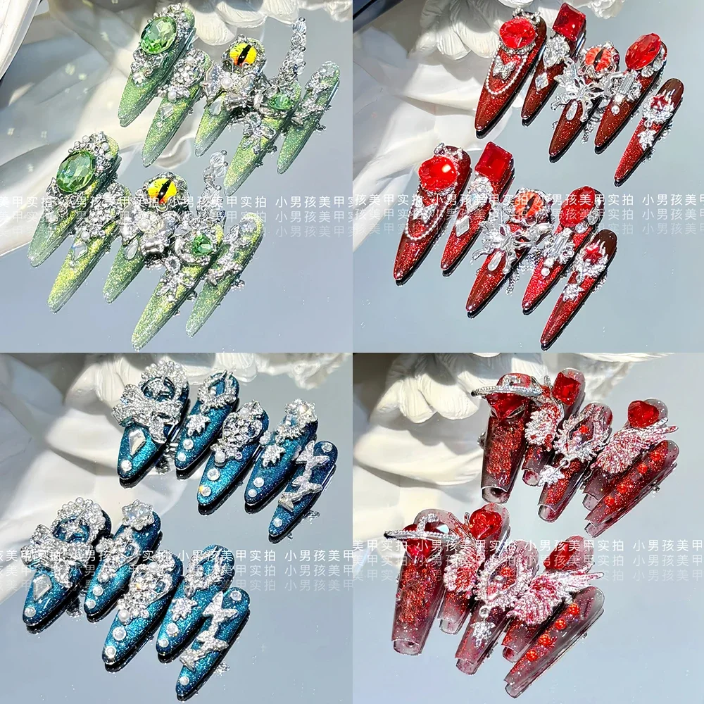 

Spice Girl Long Stiletto Metal Spider Web Bow Wings Handmade Press On Nail Shining Diamond Cat Eyes Pearl Flower Full Cover Nail