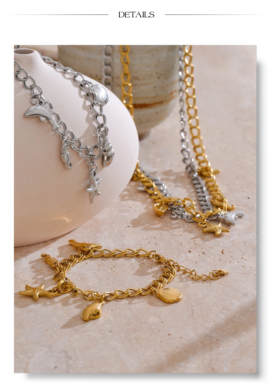 Yhpup Ocean Style Stainless Steel Seashell Conch Starfish Seahorse Drop Necklace Bracelet Bangle Waterproof Summer Daily Jewelry