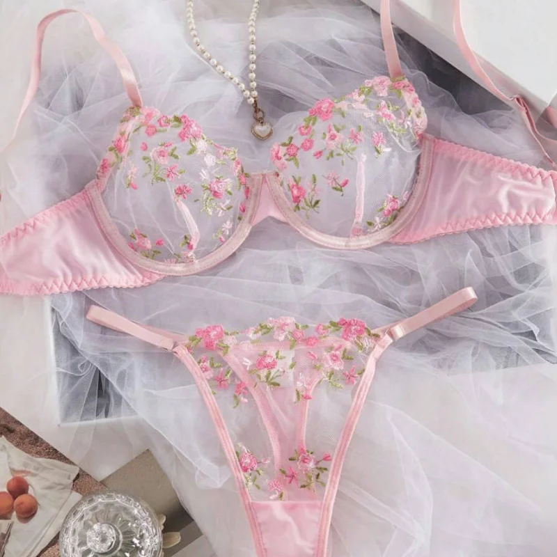 2-Piece Small Floral Embroidery Sexy Bra Set, Single-Layer Mesh Underwire Sheer Lingerie Set, Perfect for Gatherings, Parties