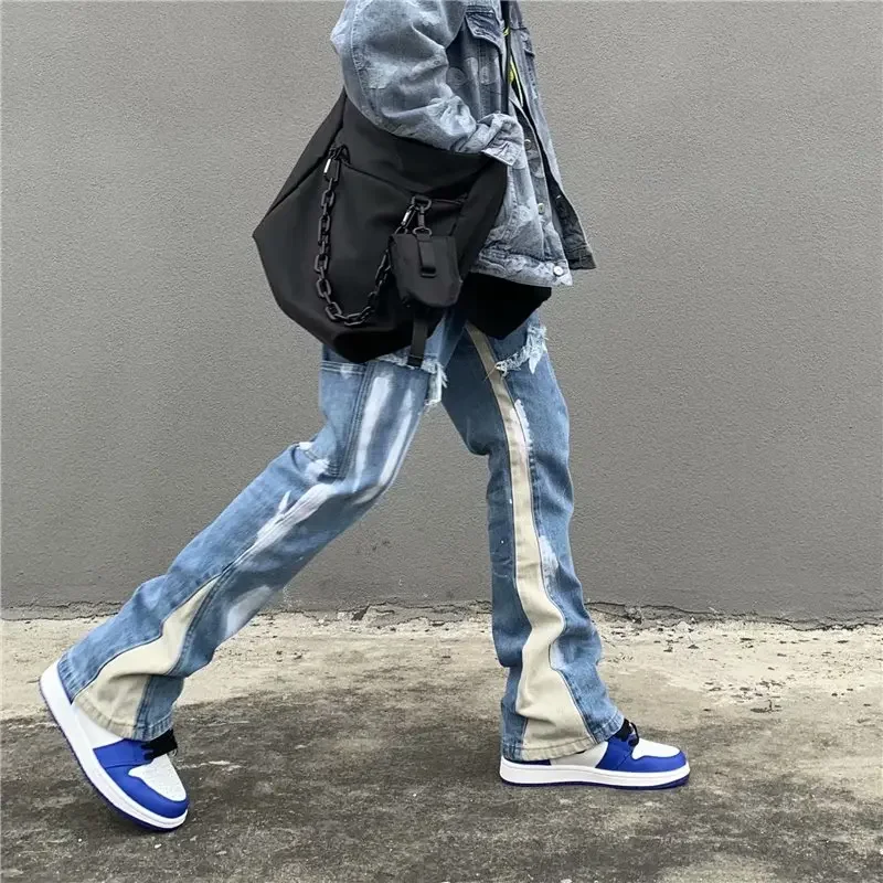 

Y2K Patchwork Washed Blue Baggy Flare Jeans Pants Men Clothing Straight Loose Vintage Old Denim Trousers Pantalones Hombre