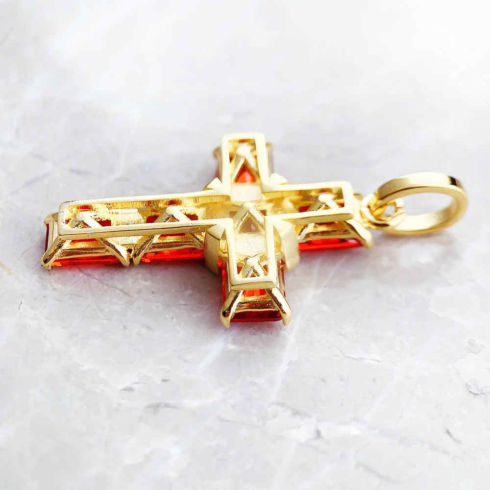 Golden Cross With Orange Stones Pendant Brand New Fine Jewelry Europe 925 Sterling Silver Accessories Gift For Woman
