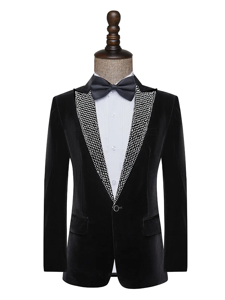 Men Rhinestones Wedding Suit Jacket Black Velvet Tuxedo Prom Concert Banquet Party Costume Singer Stage Host Slim Fit Blazer