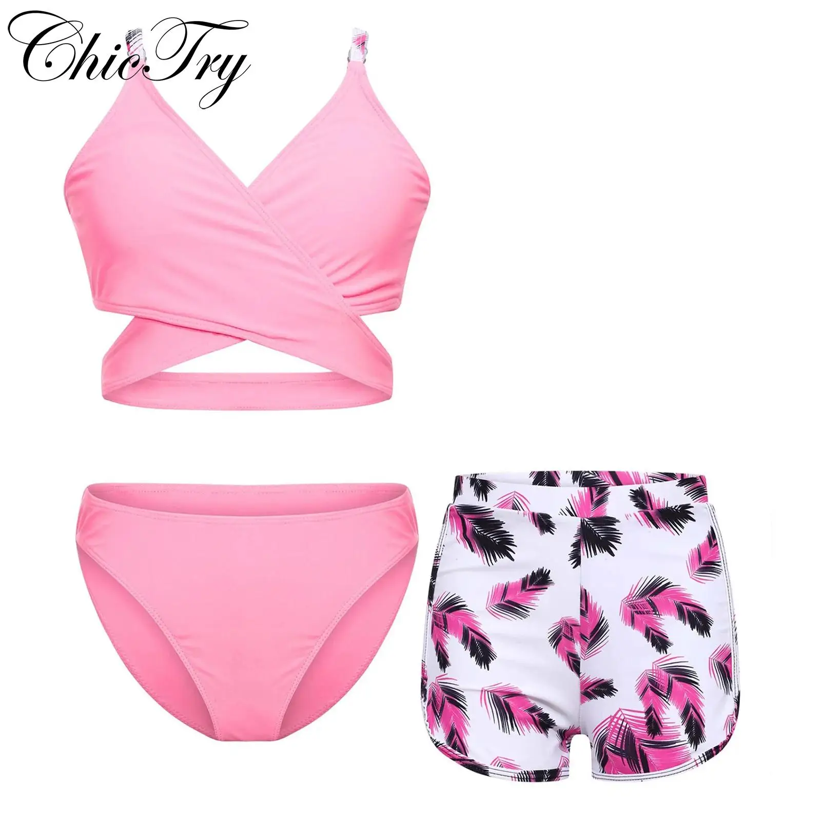 

Kids Girls 3-Piece Swimsuit Swim Sets Adjustable Straps Cross Bikini Bra with Briefs and Printed Shorts Suit Swimwear Beachwear