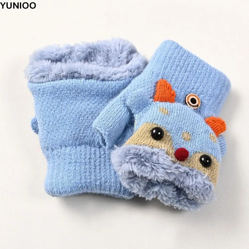 

Детские откидные перчатки с героями мультфильмов, зимние варежки, теплые плюшевые перчатки с оленями, утепленные вязаные перчатки в корейском стиле с половиной пальца