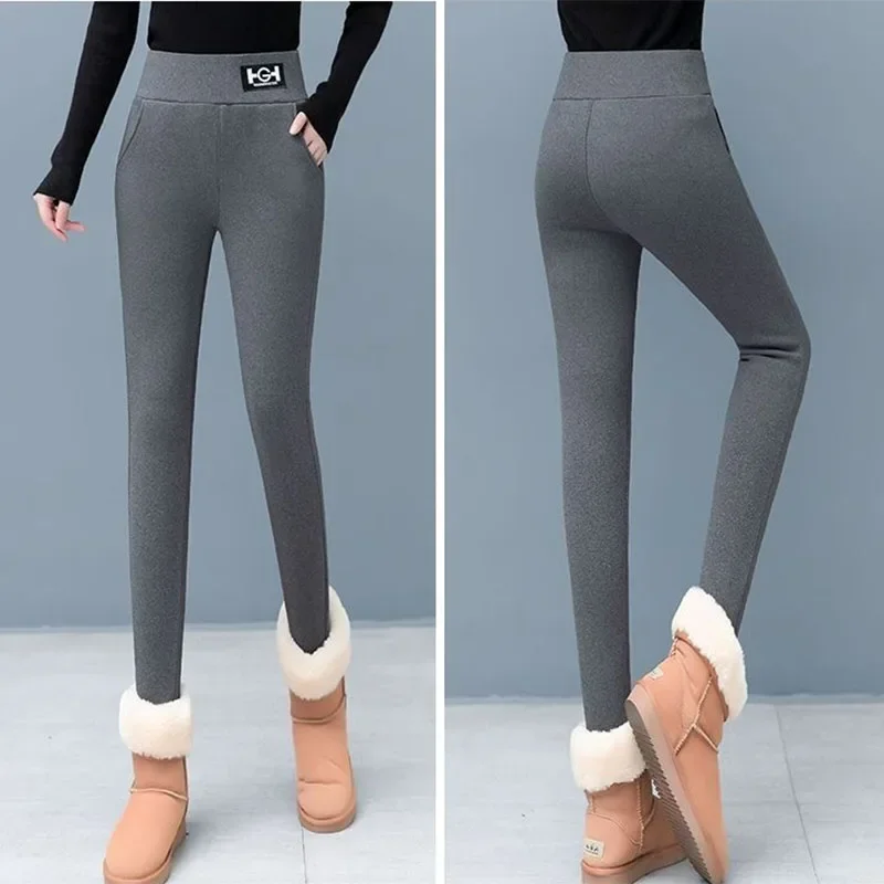 Winter High Autumn Waist Fleece Leggings Women Slim Tight-Fit Velvet Thickened Stretch Warm Leggings New with Pockets Leggings