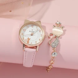 Cute and fashionable Arabic numeral scale small cat watch dial belt quartz watch+cat bracelet set