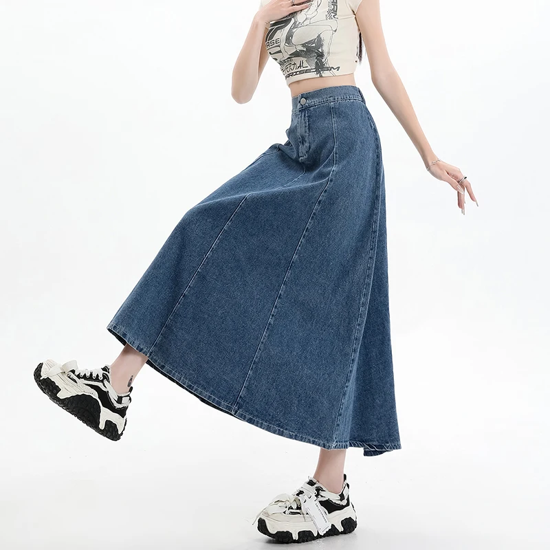 Long Denim Skirt Women 2024 Spring Summer New Arrivals High Elastic Waist A Line Jeans Skirts Korean Fashion Casual Blue Skirts