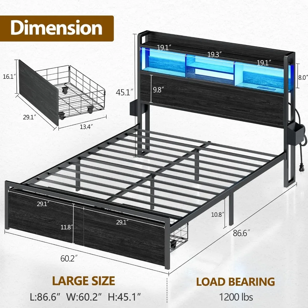 Queen Bed Frame with Wood Headboard and Storage Shelf, Metal Bed Frame with Storage Drawers, LED Lights and Charging Station