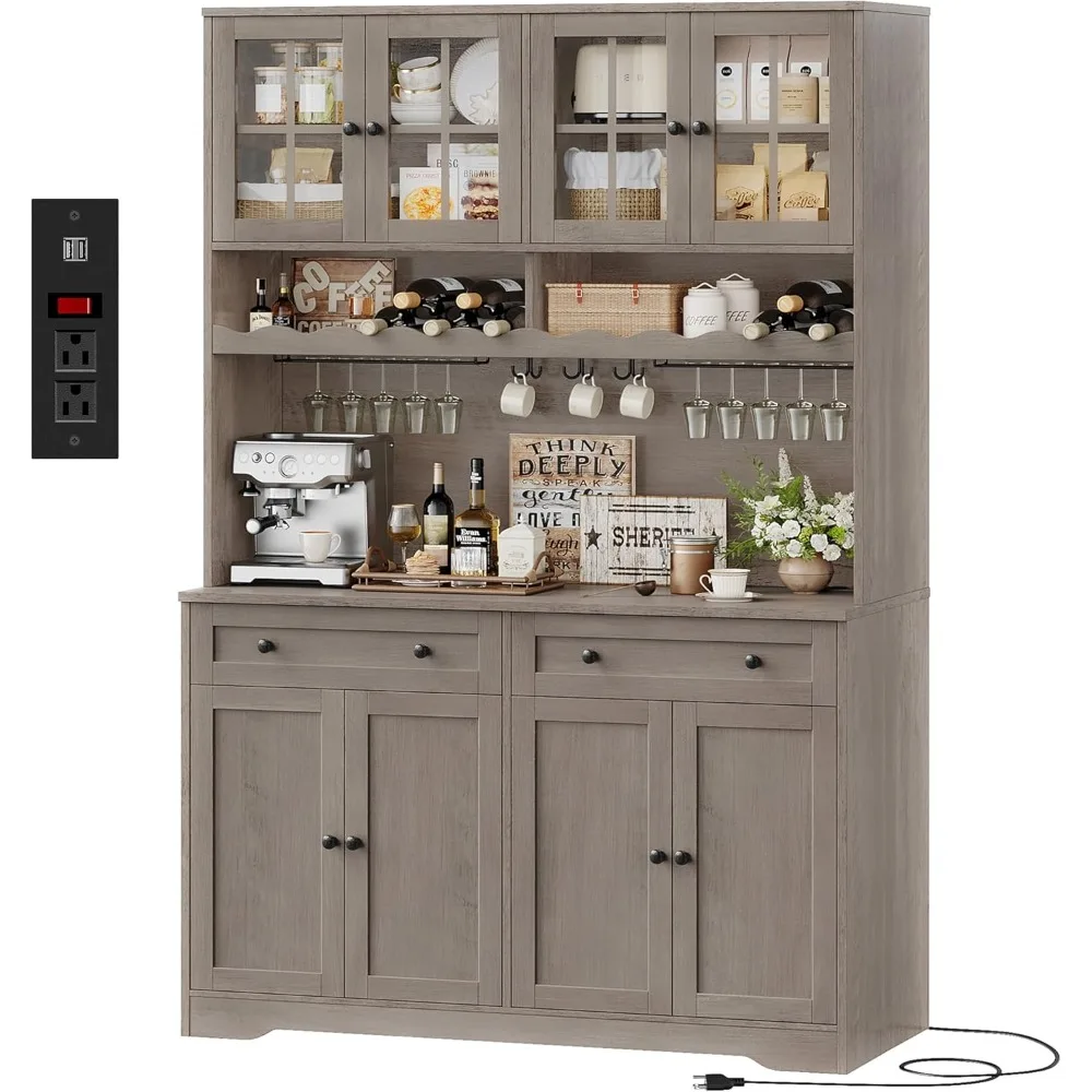 

75.4" Tall Kitchen Pantry Cabinet with Charging Station, with Microwave Stand and Wine Rack, Large Food Pantry Storage Cabinet