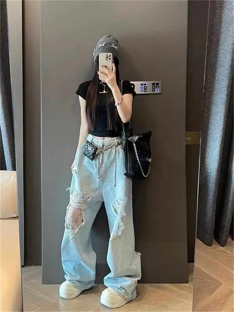 Cintura alta renda retalhos buraco denim perna reta design versátil nova faion solta calças de perna larga para mulher