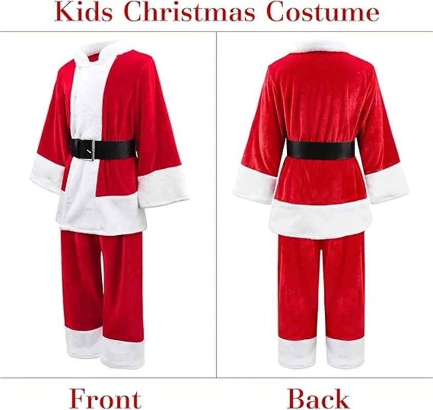 ملابس سانتا كلوز للأطفال مجموعة أزياء تنكرية لحفلات رأس السنة الجديدة مع حزام قبعة للأولاد ملابس لعب الأدوار في حفلات رأس السنة الجديدة #4