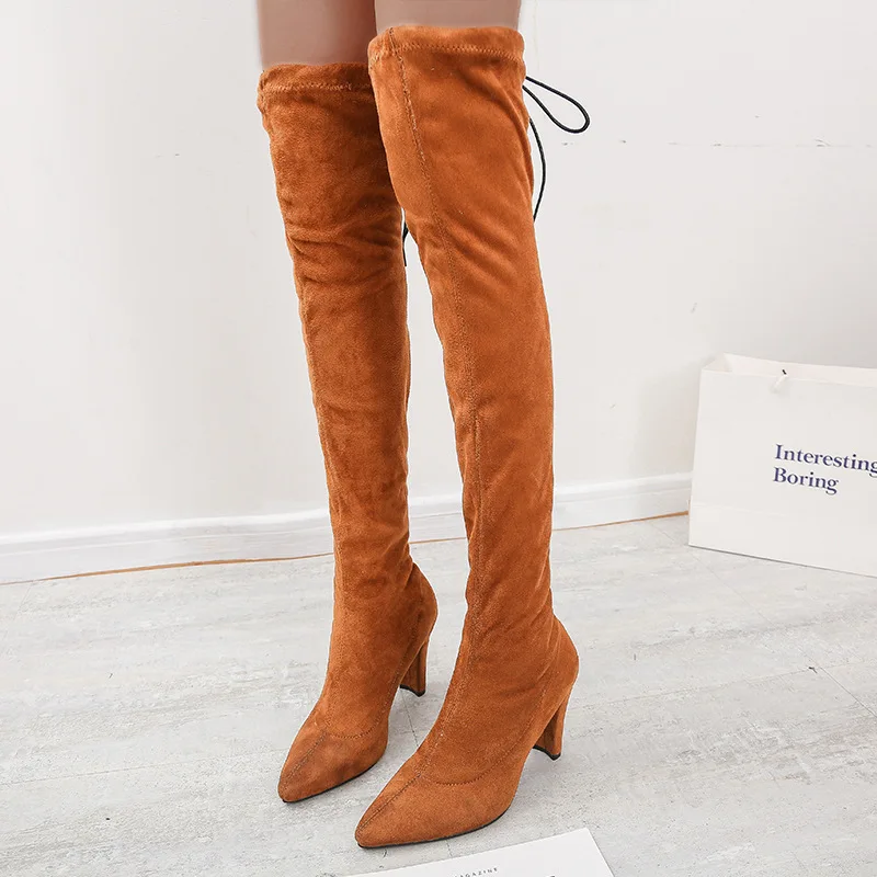 Big Size 35-43 Women Over-the-Knee Boots New Winter Soft Flock Thick Heels Fashion Pointy Toe Lace-Up Long Boot Party Work Shoes