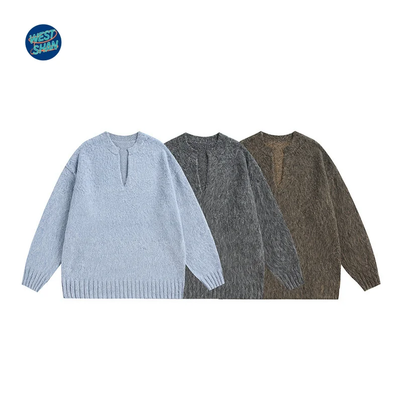 

WESTSHAN ЕС, США, размер, высокое качество, осень-зима, ретро, однотонный пуловер с v-образным вырезом, свитер, свободный крой, универсальный мужской свитер