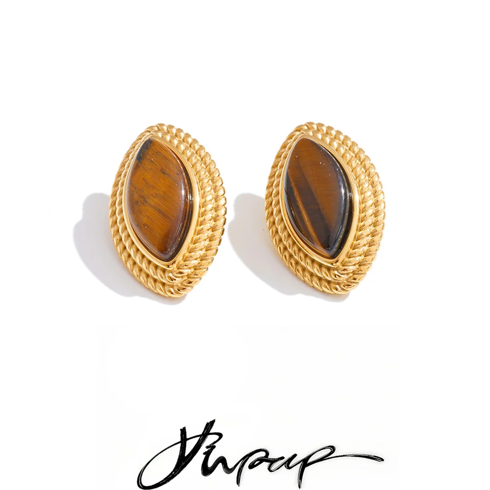 Yhpup Stainless Steel Natural Tiger Stone Stud Earrings for Women 18K Gold Color PVD Plated Popular Waterproof Jewelry 2026