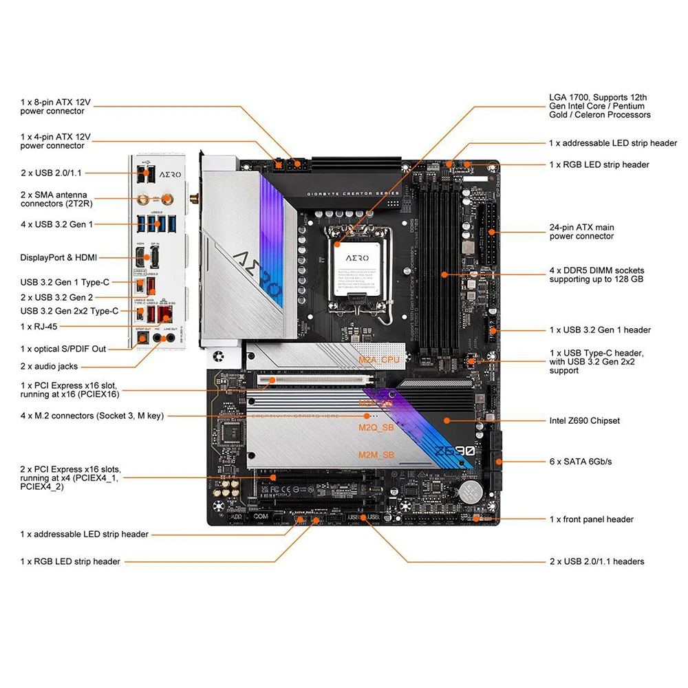 

Z690 AERO G для Gigabyte LGA1700 DDR5 128 ГБ ATX поддерживает процесоры Pentium Gold Celeron 12-го поколения, материнская плата, бренд «сделай сам»