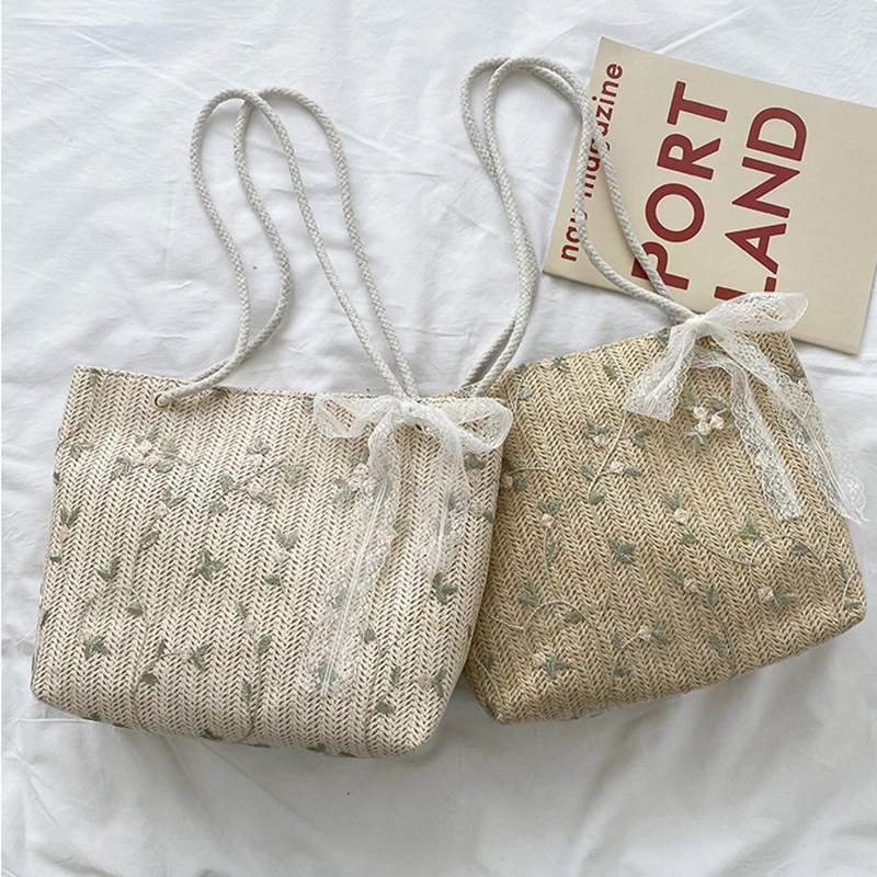 

Fashion Summer Beach Woven Straw Handbag Cute Bowknot Lace Shoulder Bag For Women Girls Simple Shopping Portable Tote Bags