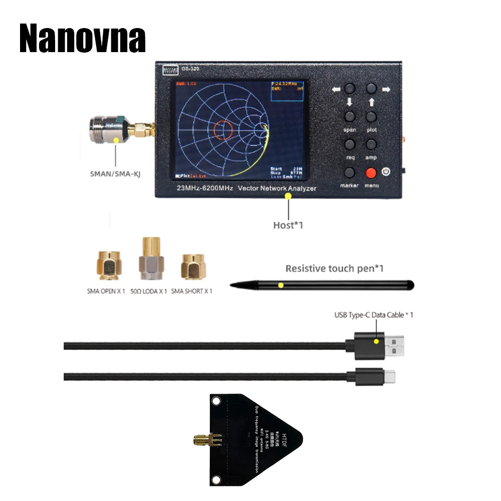 Nanovna GS320 Analisador de rede vetorial 6GHz HTDF 2.4G 5.8G Antena de mapeamento 6-7dB 50Ω Tensão de medição Relação de onda permanente