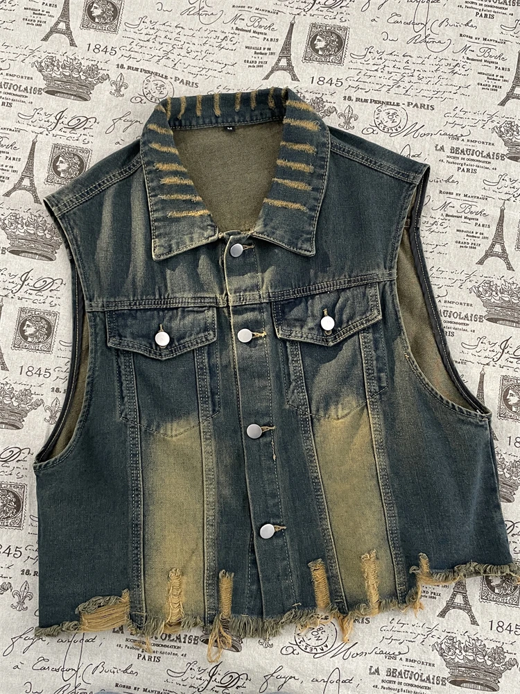 Retro American Washed Denim Vest Men's Women's Loose Sleeveless High Street Jacket Functional Workwear Faded Hole Design