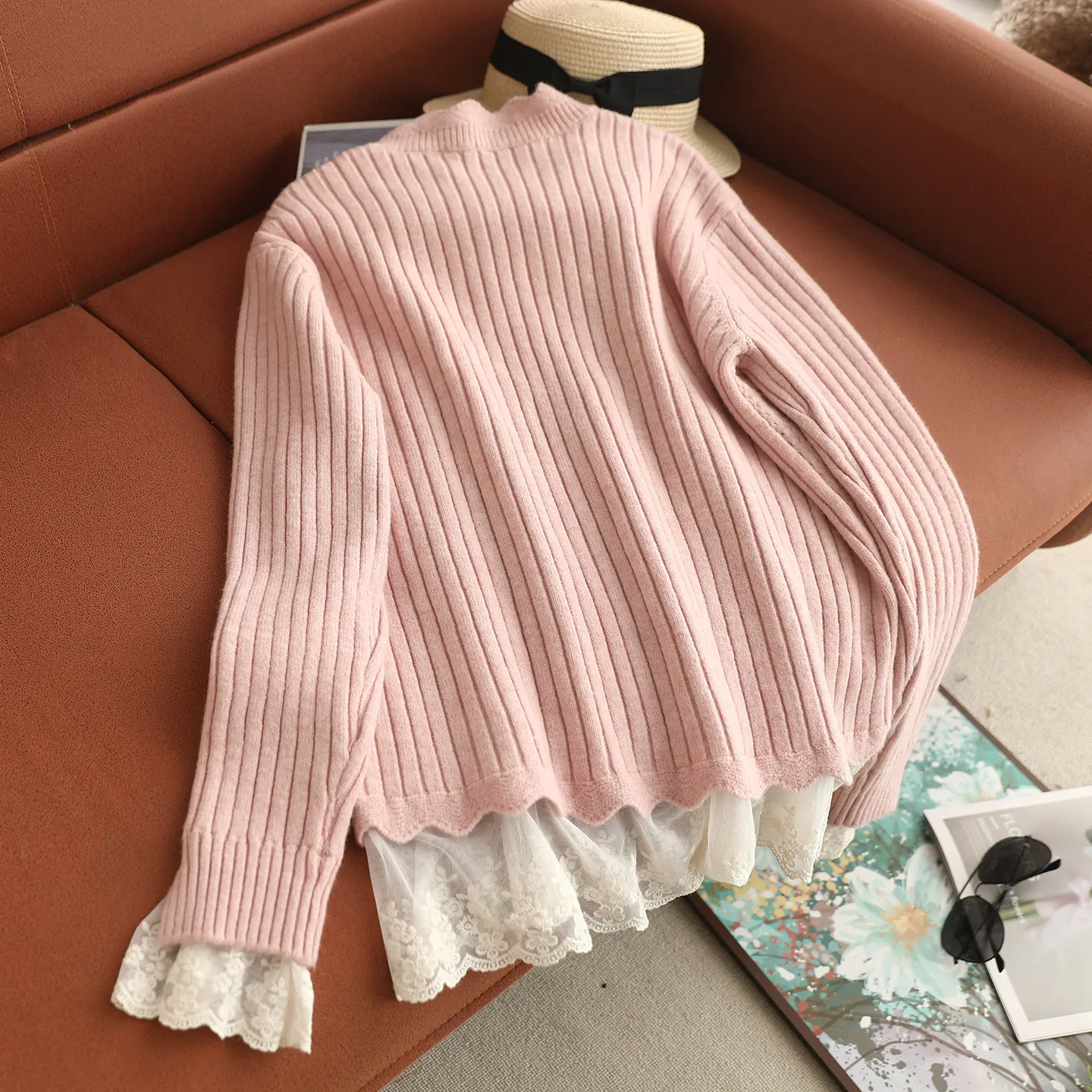 Japonais doux Mori fille couleur unie dentelle Patchwork pull pulls femmes automne col montant à manches longues décontracté tricoté hauts