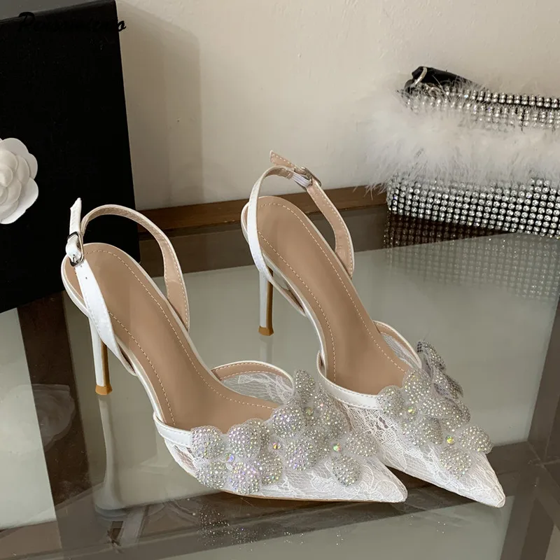 Luxury Rhinestones Flowers Lace Air Mesh Women Pumps Elegant Pointed Toe Wedding Slingbacks High Heels Female Party Dress Shoes