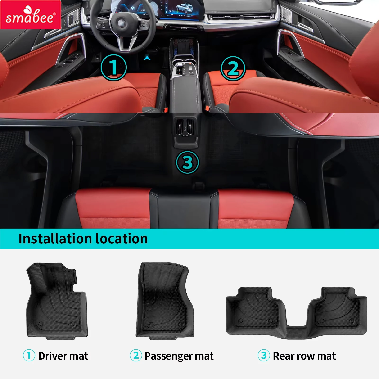 Tapetes de Chão 3D TPE para Todas as Estações e Protetor de Porta-Malas Smabee para BMW X1 U11 2023-2025 2026 (Volante à Esquerda) - Acessórios Internos