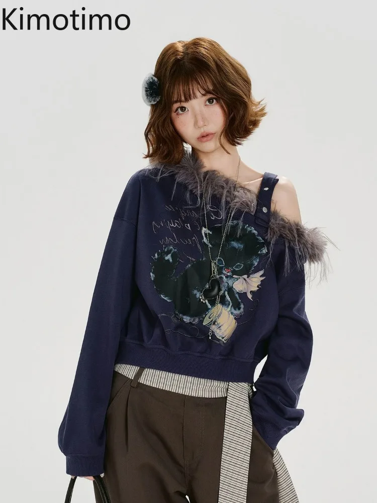 Kimotimo Retro Fur Collar Off Shoulder Sweatshirt Women American Fashion Cat Print Long Sleeve Streetwear Y2k Aesthetic Crop Top