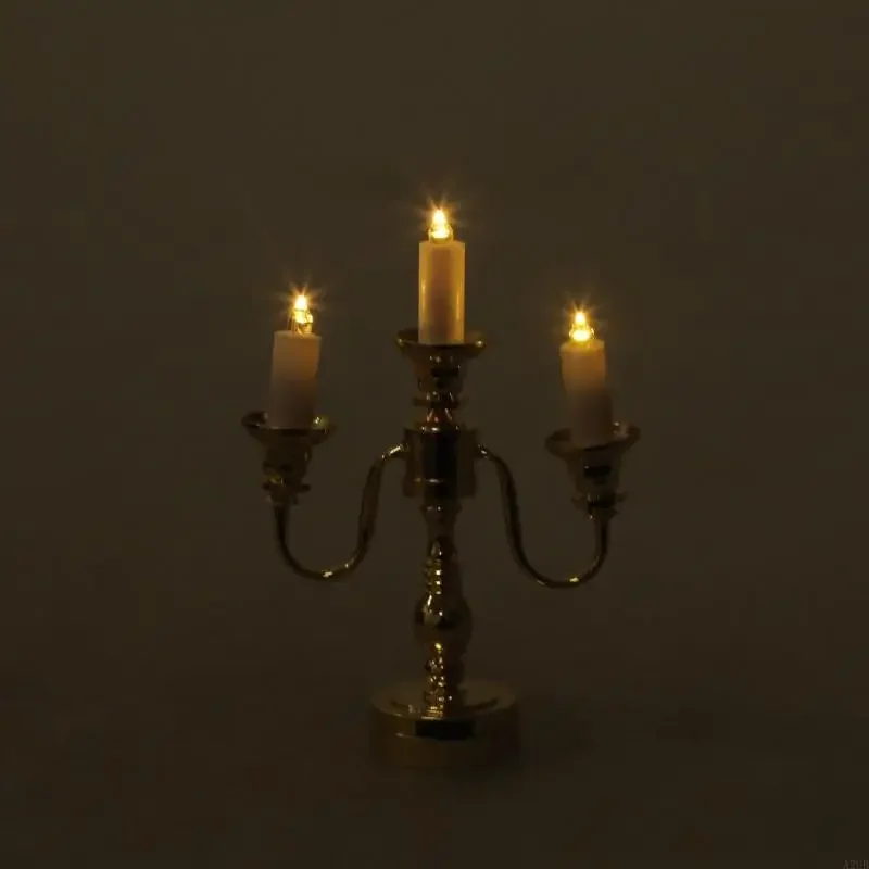Simulação metal dourado candelabros lâmpada para 1/12 escala casa boneca decoração sala estar rom cena exibição 15ub