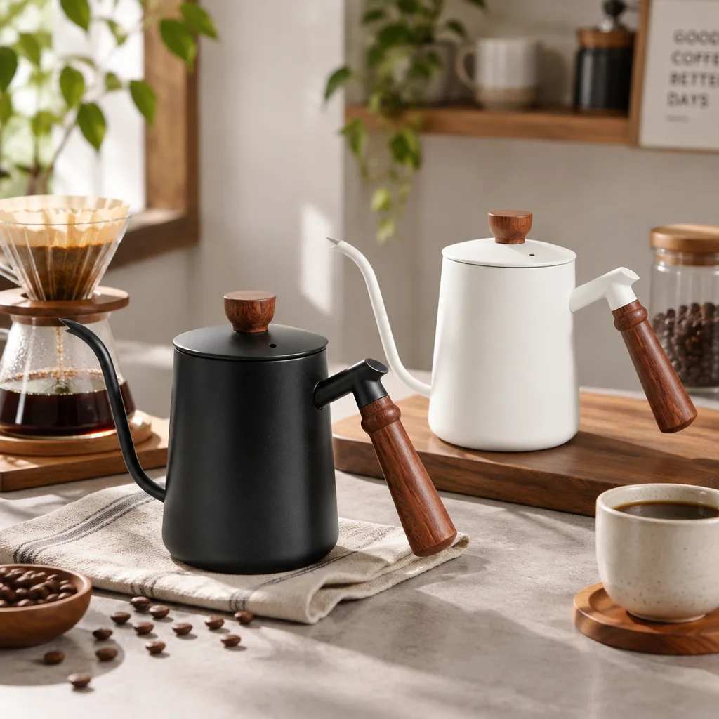 600ml Pour Over Coffee Kettle Stainless Steel Gooseneck Spout Anti‑Scald Wooden Handle Hand Drip Pot For Home Barista Camping