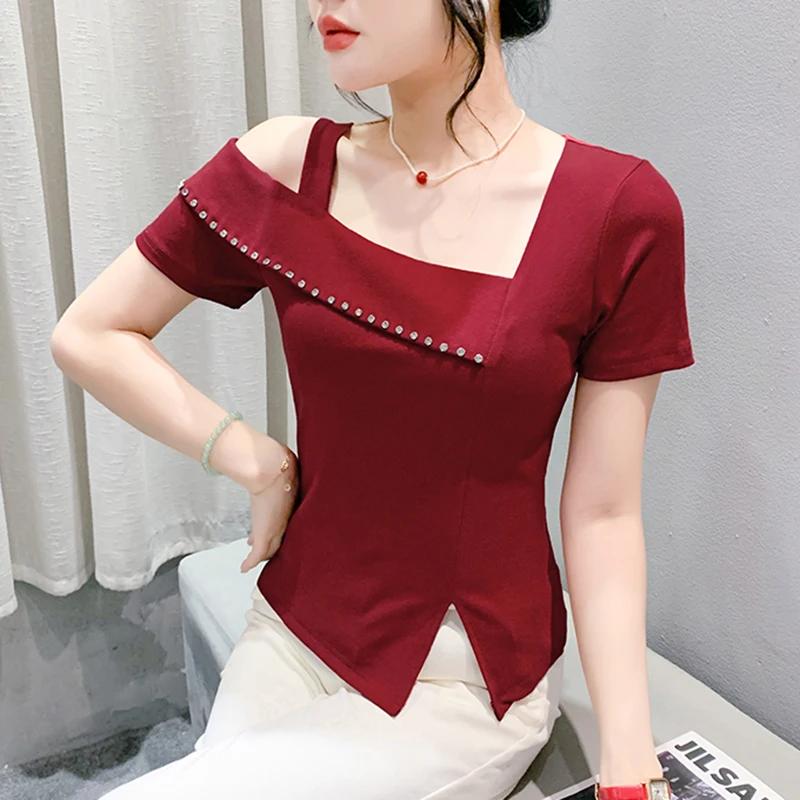 

New 2024 Summer Short Sleeved Sexy Skew Collar Women's T-Shirt Elegant Slim Ruffles Tops Blusas