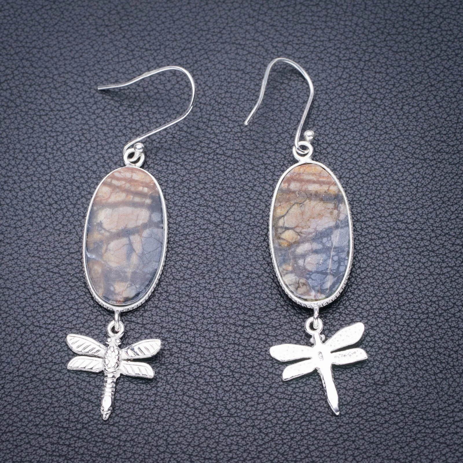 

StarGems Natural Picasso Jasper Dragonfly Handmade 925 Sterling Silver Earrings 2.5" E6195