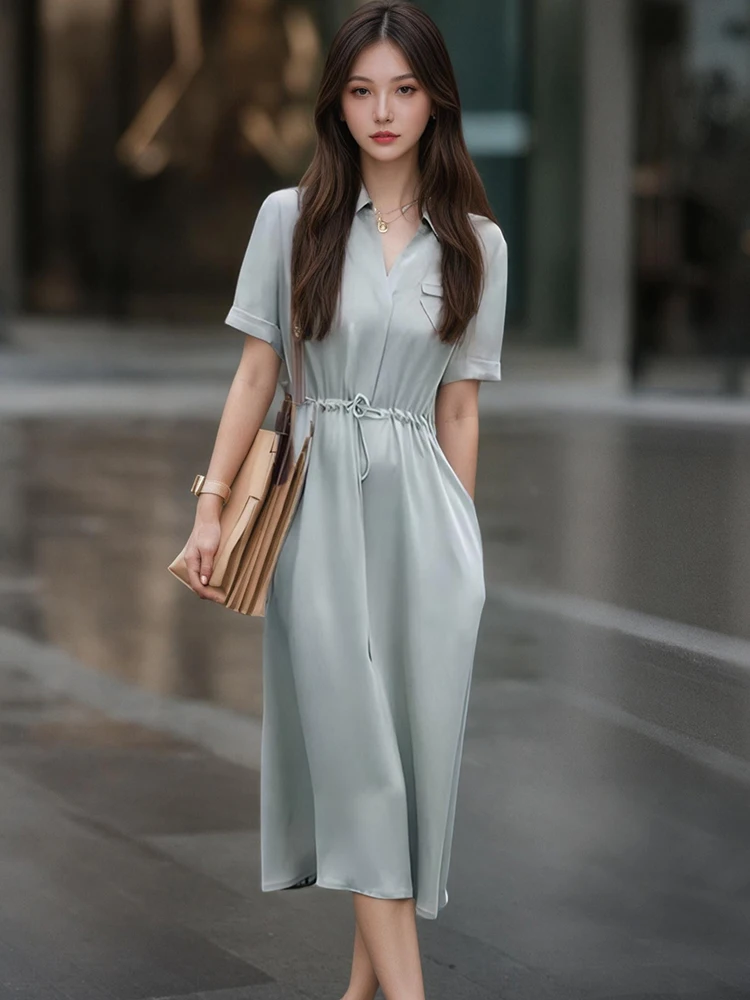 Vestido largo ajustado con lazo liso para mujer, vestido de oficina con cuello tipo Polo de manga corta, Vestidos coreanos elegantes de lujo 2025