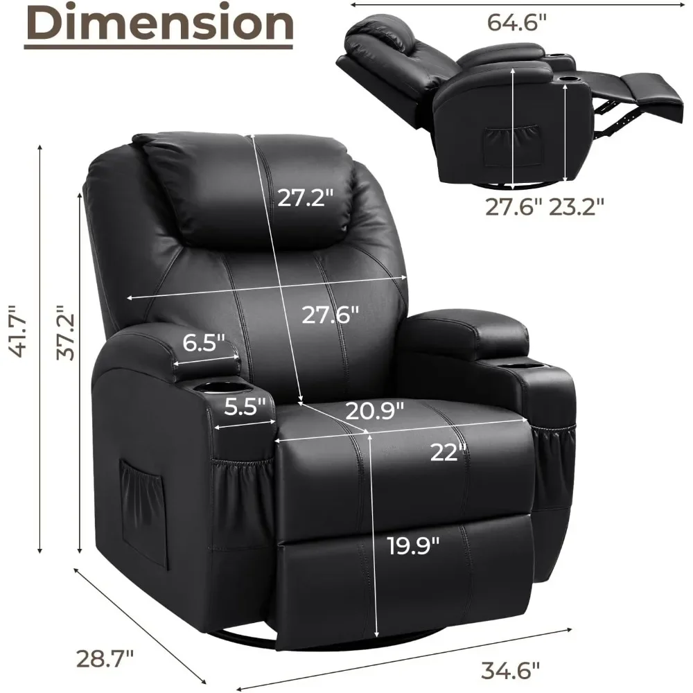 Rocker Recliner Chair with Massage for Elderly, Leather Adjustable 360°Swivel Rocking Sofa for Living Room with Remote Control