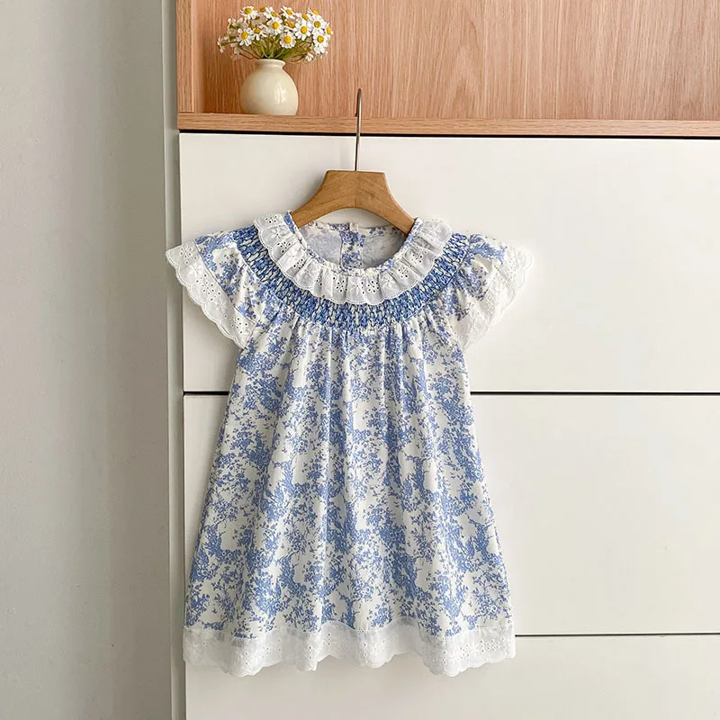 Party Dress Girls Summer New Style Floral Print Dress French Elegant Puff Sleeve Drawstring Waist Children Clothing Good Quality
