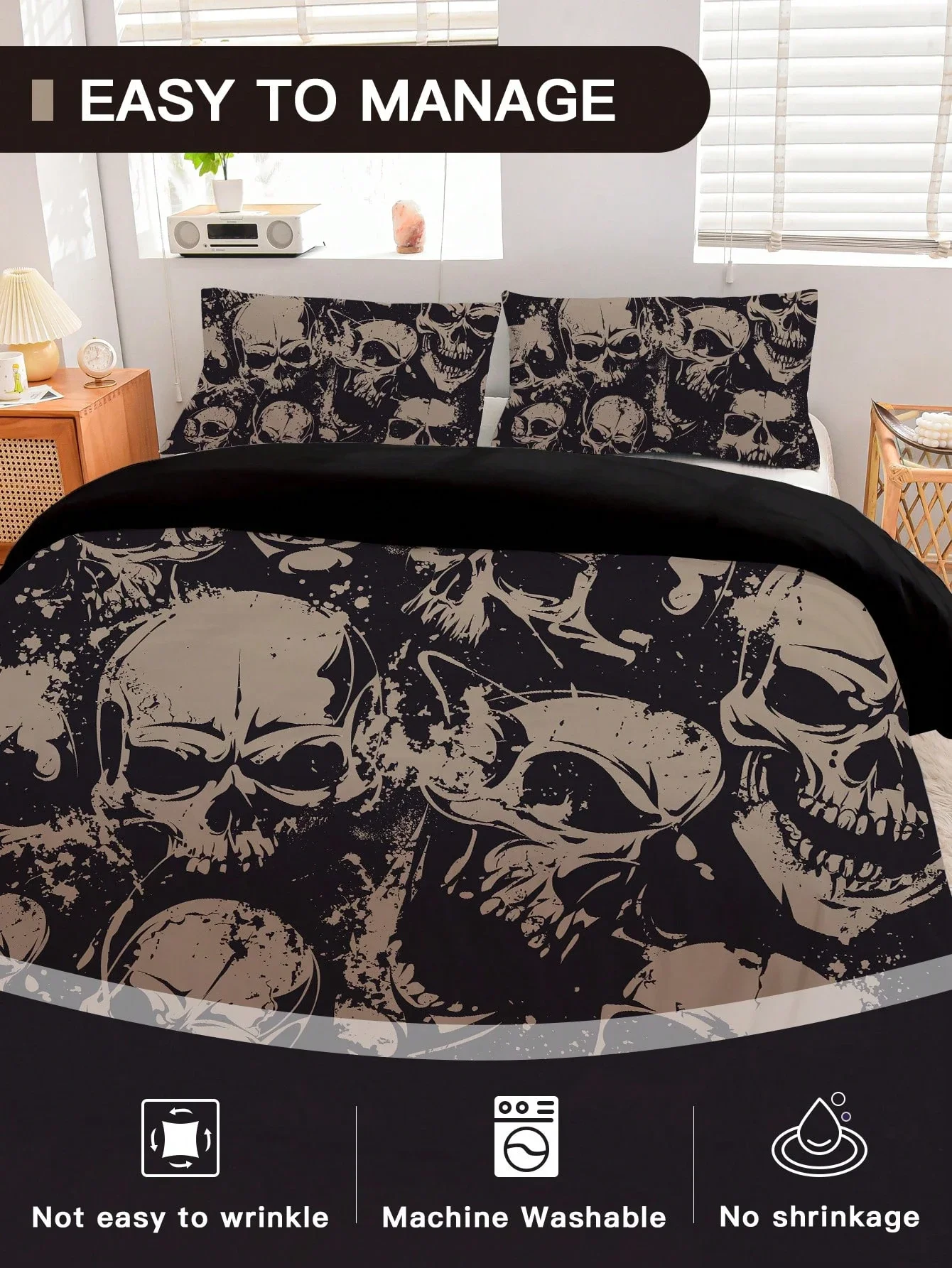 3pcs Soft Polyester Skull Print Bedding Set 1pc Duvet Cover 2pcs Pillowcases Without Pillow Inserts Room Decor Queen Full Size