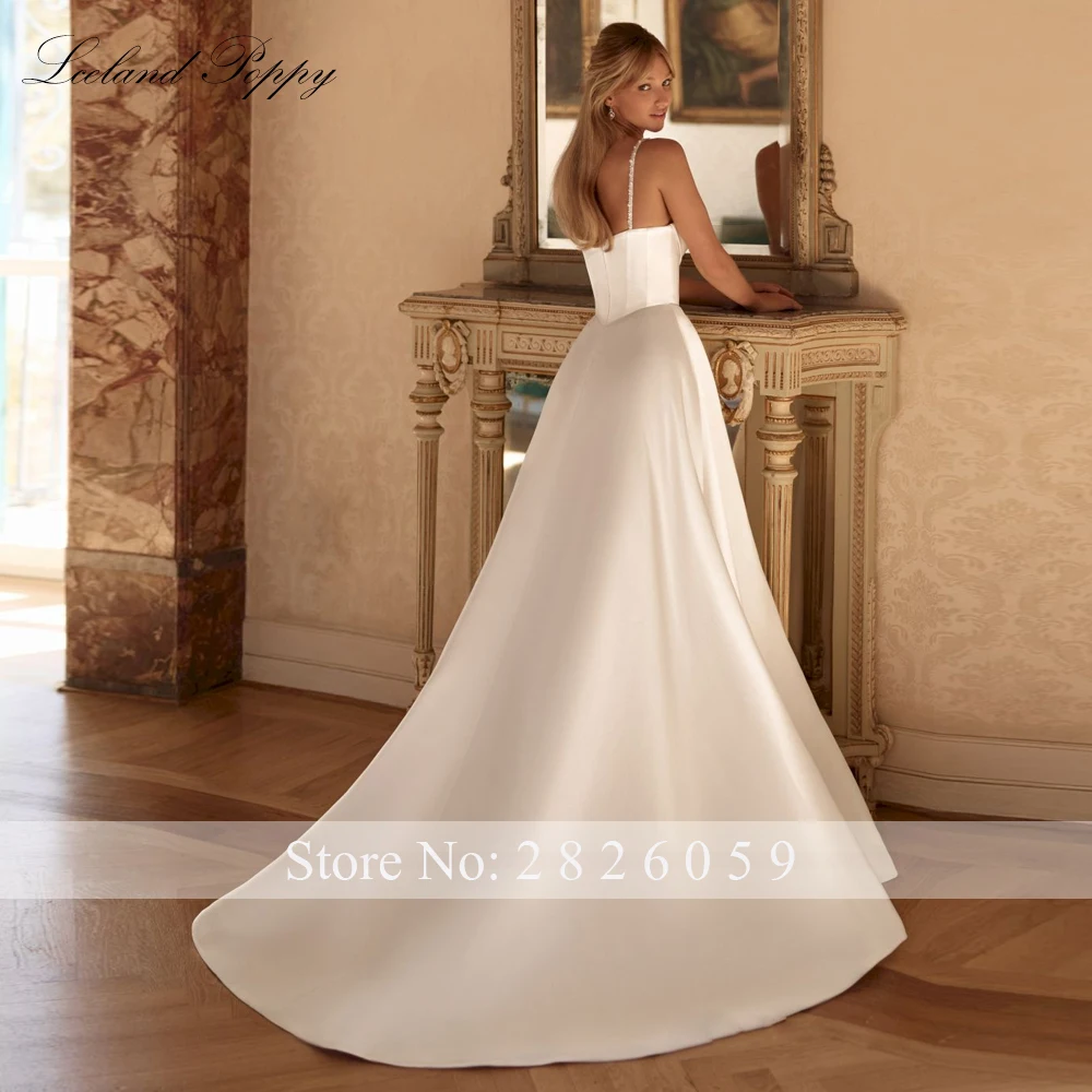 Lceland Poppy Customized A Line Satin Wedding Dresses Pearls Beaded Sleeveless Bridal Gowns with High Slit