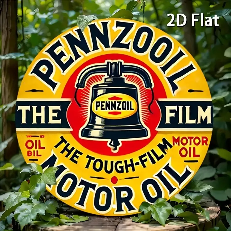 [فن الحائط القديم] ملصق مسطح لزيت المحرك بنزيل عتيق من الألومنيوم على شكل جدار معدني عتيق مع مخطط ألوان أصفر وأحمر