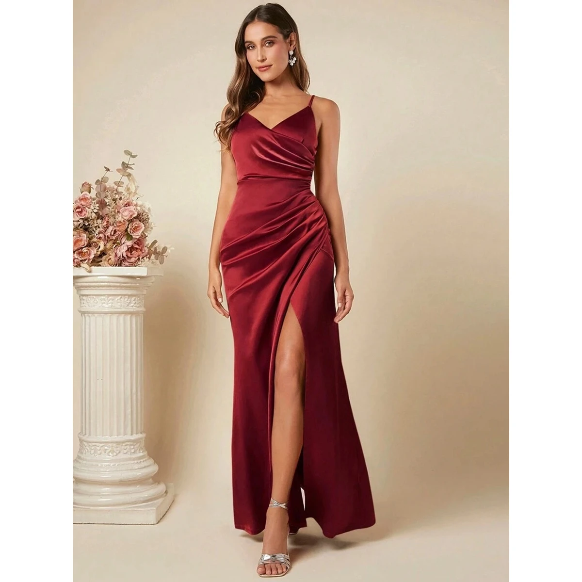 エレサテンテールドクスボーダー春夏新作セクシーなプリーツミディドクメイドドクスヴェルガウン