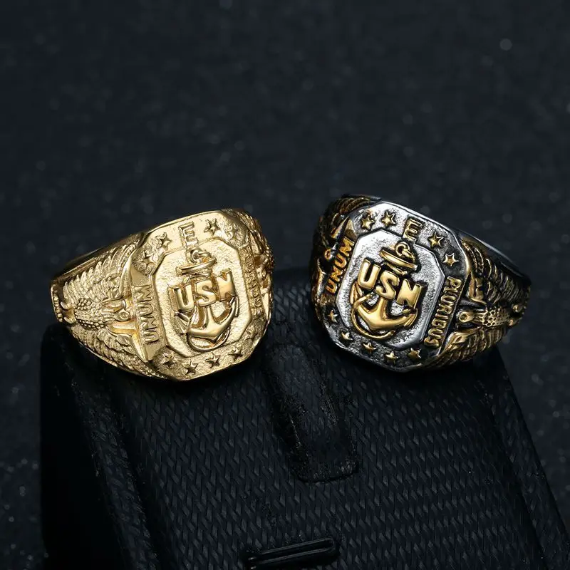 Hip Hop Bling Gold Color Stainless Steel US Navy USN Eagle Anchor Ring chunky Men Signet Rings for Men Jewelry Plus Size 8-15