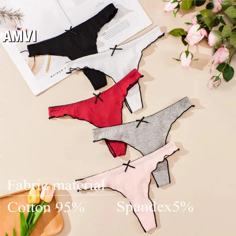 3pcs Women\'s Cotton Underwear Seamless Panties Sexy Bow Thong, Low Waisted Tango Comfortable G-string Women\'s Intimate Clothing