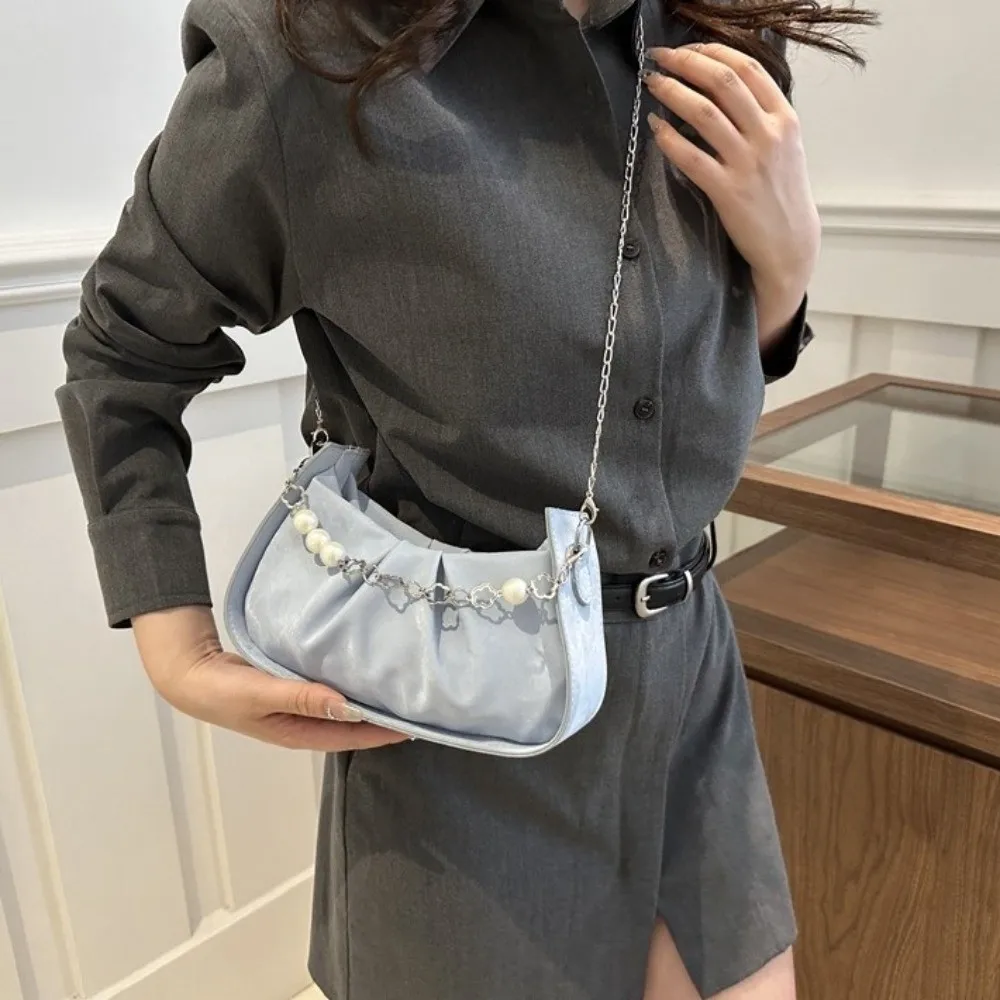 

Сплошная цветная сумка через плечо с облаком, корейский стиль, цепочка с жемчужной цепочкой, сумка через плечо из искусственной кожи, плиссированная сумка на одно плечо для девочек