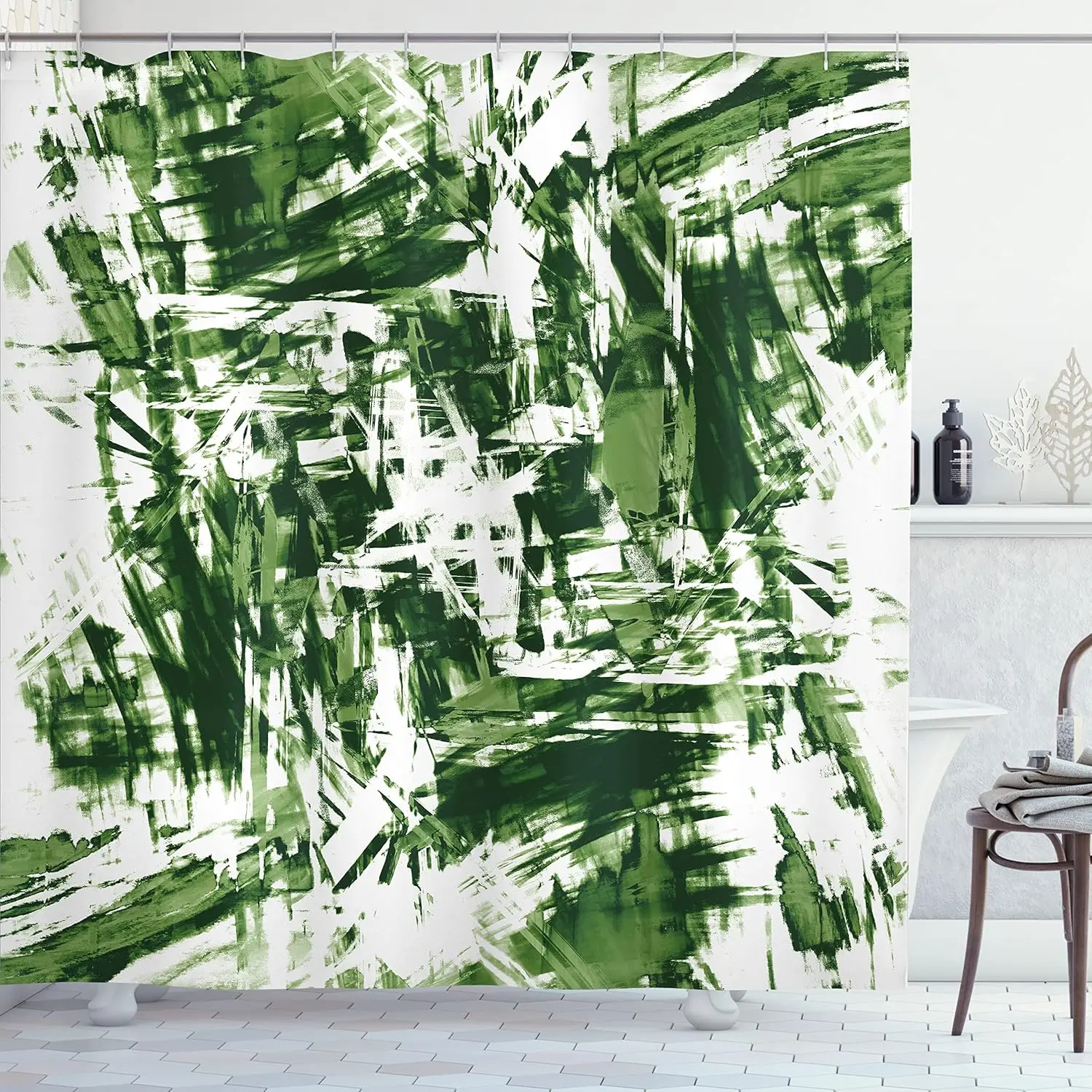 Monochrome Shower Curtain, Old Grunge Style Abstract Art with Brushstrokes Chaos Image Print, Cloth Fabric Bathroom Decor Set