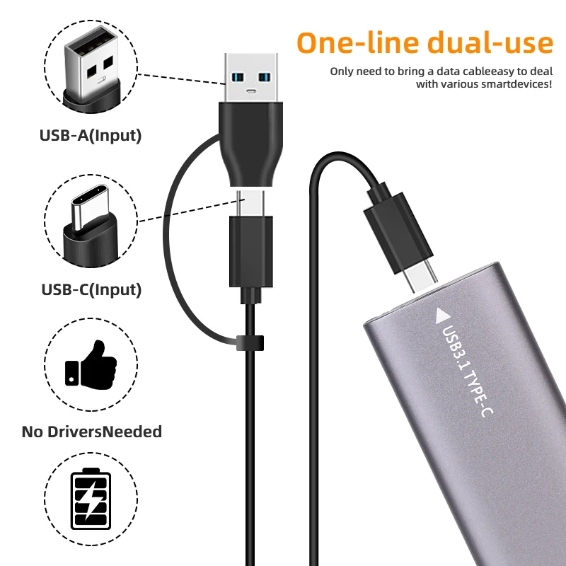 M2 NVMe SSD Case 10Gbps HDD Box M.2 NVME NGFF To USB 3.1 External SSD Enclosure Type-A to Type-C Cable for 2230/2242/2260/2280