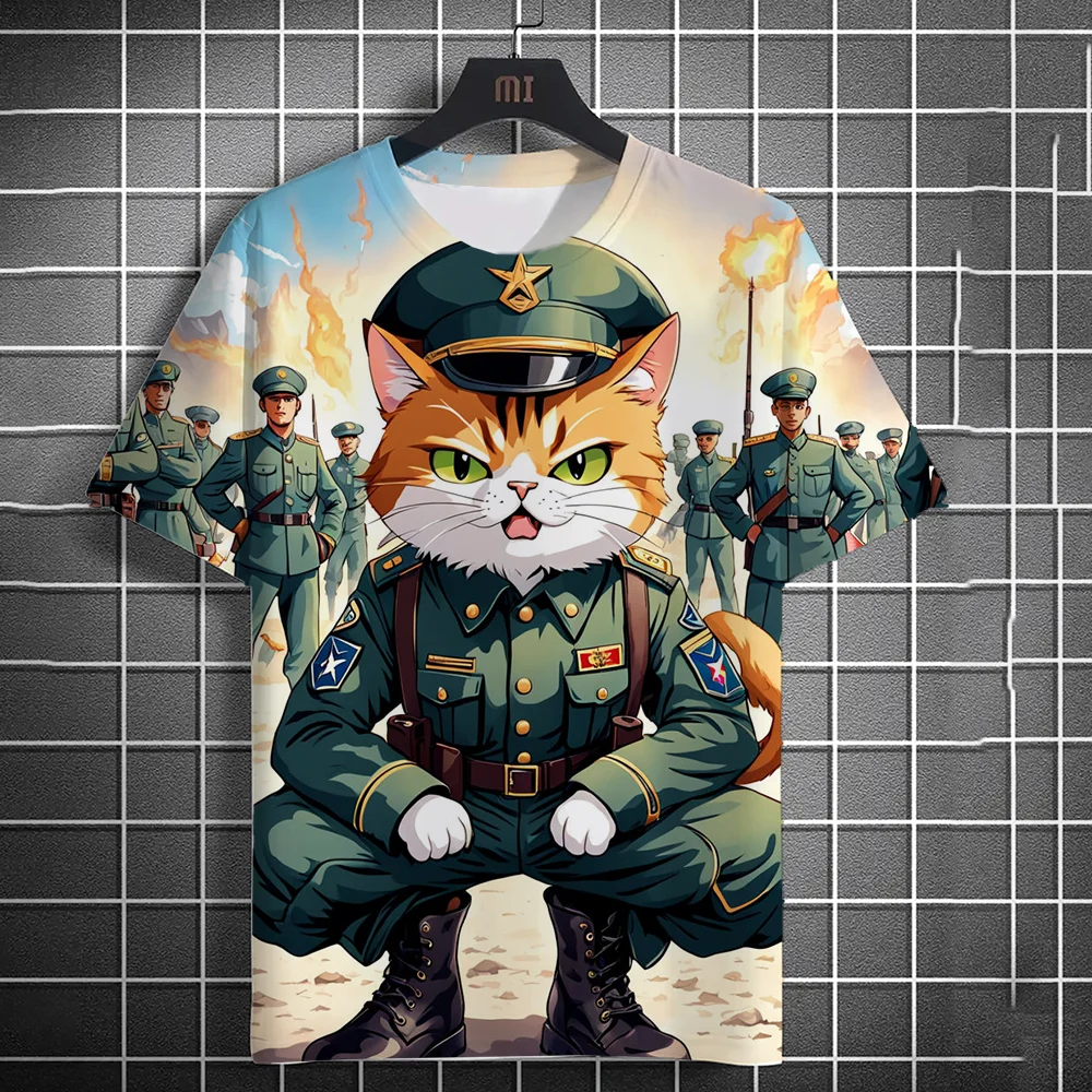 Summer Men Fashion Casual 3d Print Men's Cat Warrior Guard with Knife Art Print Hooded T-Shirt O-Neck Street T-Shirt top