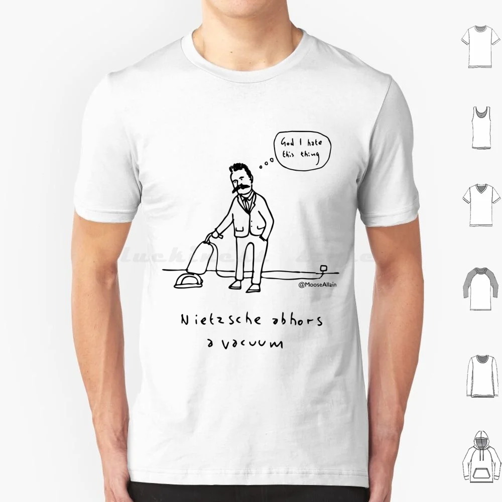 Nietzsche Abhors A Vacuum - T-shirt imprimé noir 6XL en coton, cool, pour la philosophie, le nettoyage, les tâches ménagères, dessin animé Moose Allain