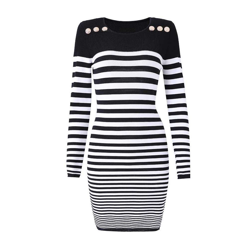 

O-Neck Classical Black White Striped Long Dress Women Slim Buttons Autumn Winter Bodycon Dresses