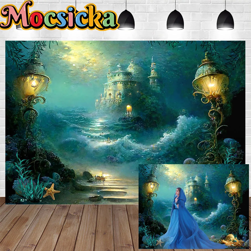 Fondo de fotografía artística de Castillo, princesa, niña, paisaje de las Maravillas, océano, flor, farola, decoración azul y rosa, telón de fondo brillante, utilería de estudio