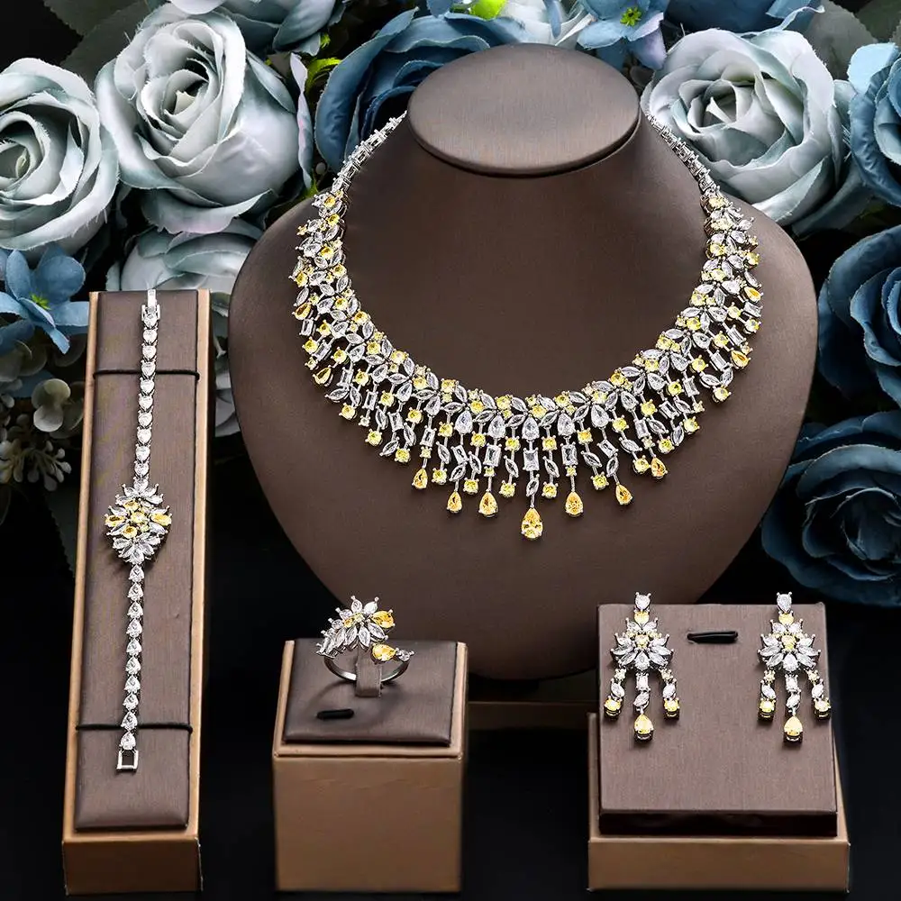 

Роскошные африканские Ювелирные наборы для женщин свадебный Дубай Кувейт полный микро Цирконий комплект ювелирных изделий Свадебные аксессуары 4 шт.