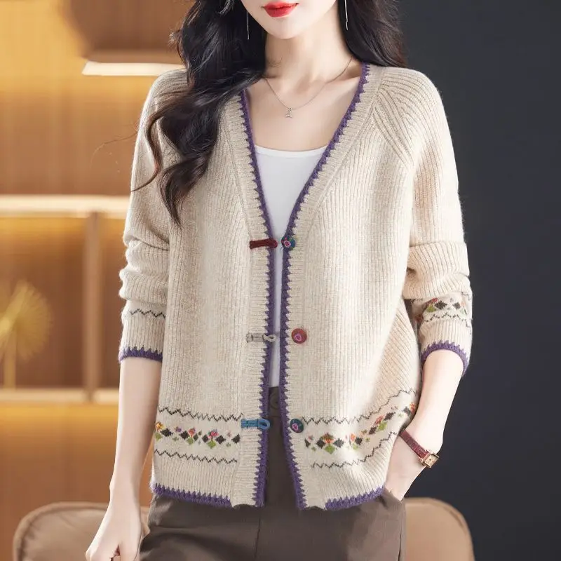 Women Color Block Jacquard Knit Cardigan V Neck Horn Button Vintage Sweater Coat For Spring Autumn