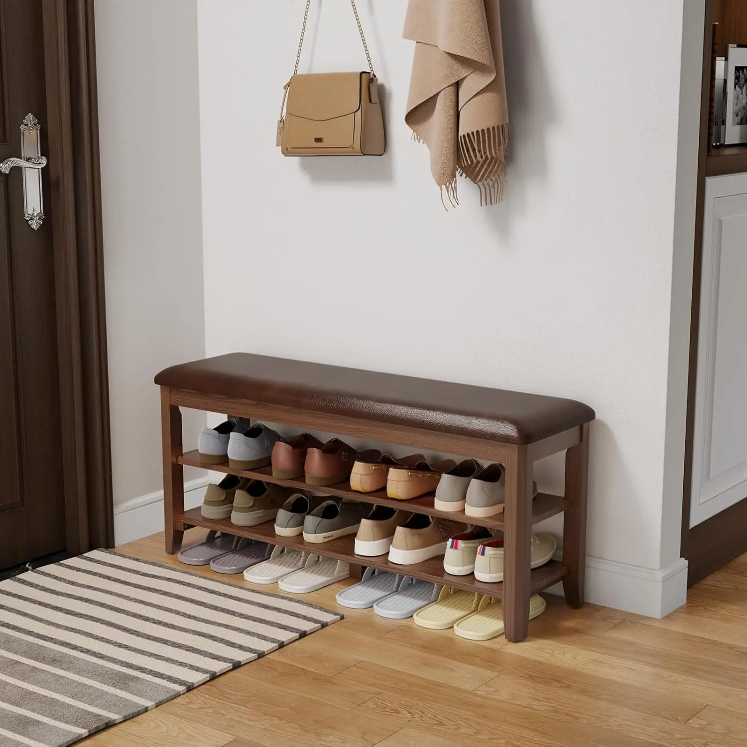 

Wood Shoe Rack Bench for Entryway,Rack for Front Door Entrance with Leather Cushion, 2 Tier Bench with Storage